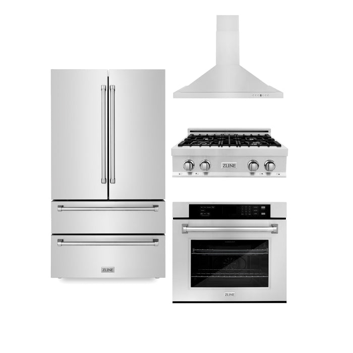 ZLINE Kitchen Package with Refrigeration, 30" Stainless Steel Rangetop, 30" Range Hood and 30" Single Wall Oven (4KPR-RTRH30-AWS)