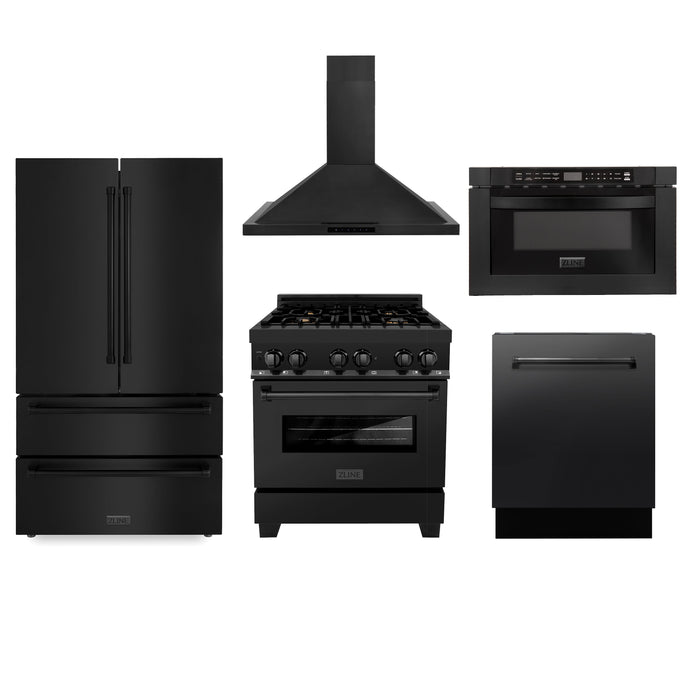 ZLINE Kitchen Package with Black Stainless Steel Refrigeration, 30" Dual Fuel Range, 30" Range Hood, Microwave Drawer, and 24" Tall Tub Dishwasher (5KPR-RABRH-MWDWV)