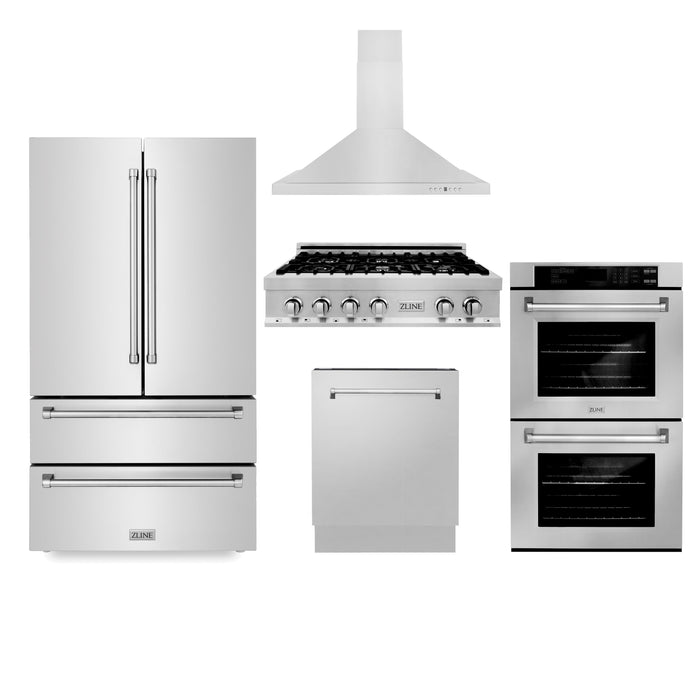 ZLINE Kitchen Package with Refrigeration, 36" Stainless Steel Rangetop, 36" Range Hood, 30" Double Wall Oven and 24" Tall Tub Dishwasher (5KPR-RTRH36-AWDDWV)