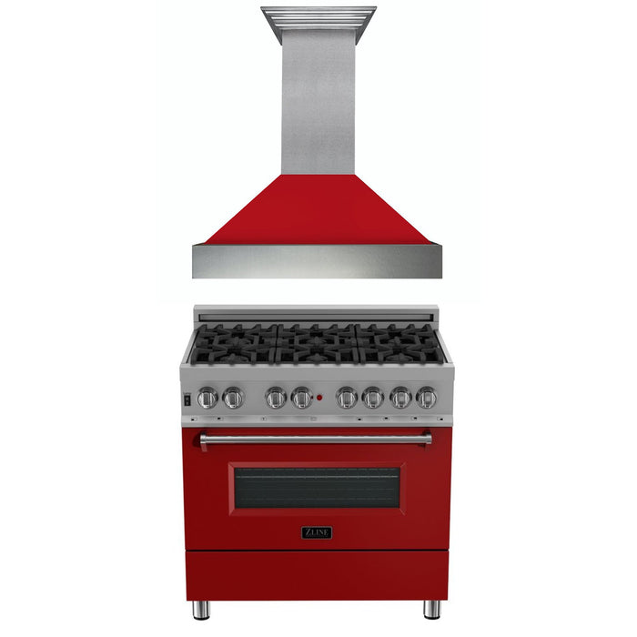 ZLINE 36" Kitchen Package with DuraSnow® Stainless Steel Dual Fuel Range with Red Matte Door and Convertible Vent Range Hood (2KP-RASRMRH36)