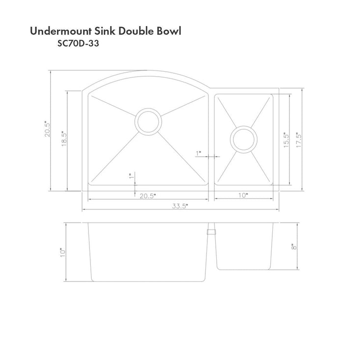 ZLINE 33" Cortina Undermount Double Bowl Kitchen Sink with Bottom Grid (SC70D)